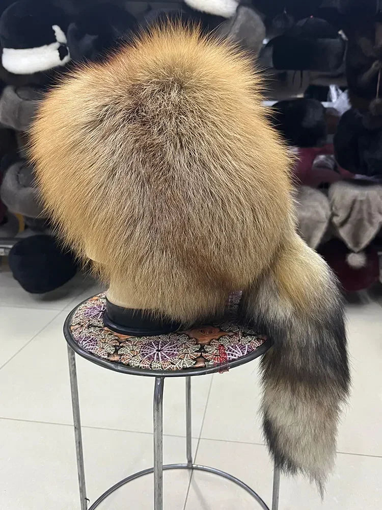 Winter Fur Women Hat with Tail Real Fox Fur Hat Luxury Raccoon Fur Beanies Warm Ear Protect Unisex Bomber Hat Wholesale Bonnets
