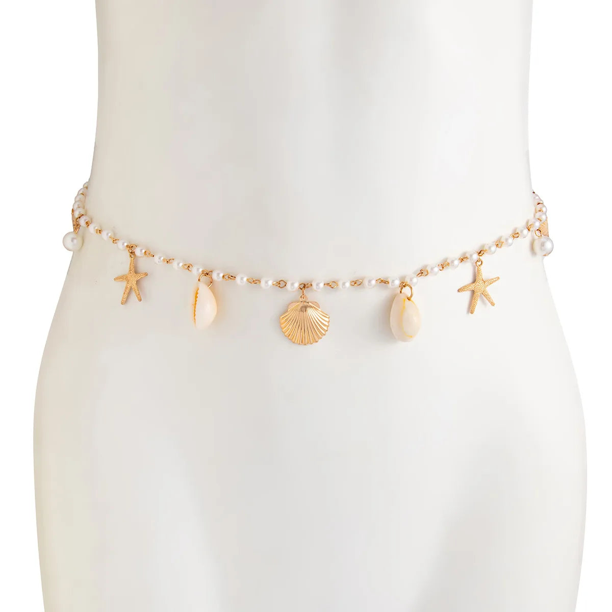 Gold-Tone Waist Chain With Pearl Beads And Starfish Pendant And Seashell Charms — Gold | KIMLUD