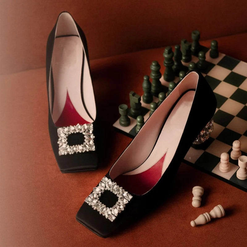Satin Rhinestone High Heels Square Toe — Champagne | KIMLUD