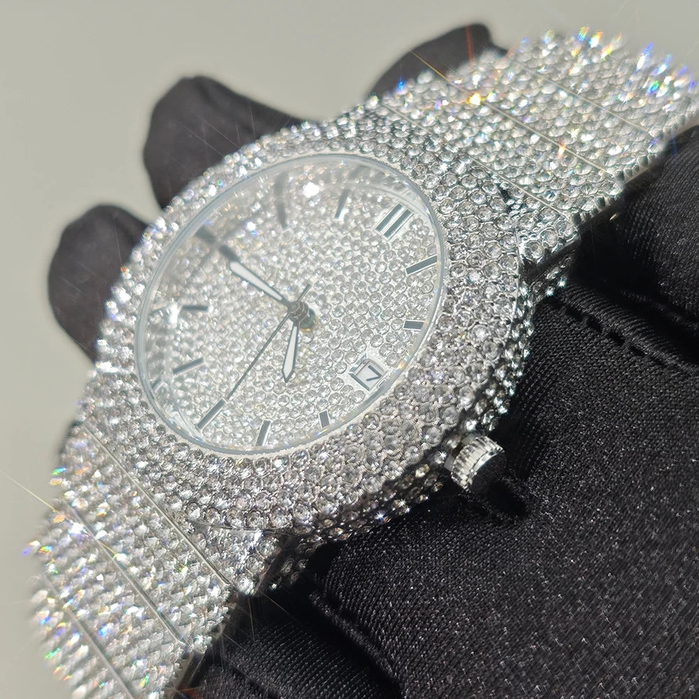 Hot New Luxury Watches For Men Full Diamond Iced Hip Hop Stylish Quartz Watch For Male Waterproof Calendar Men's Wristwatches