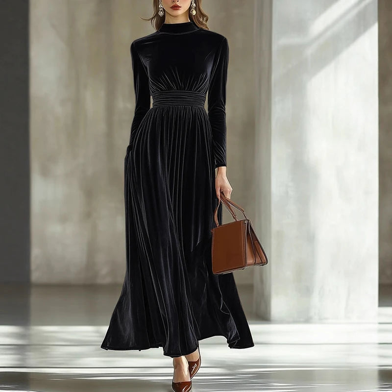 New Autumn Winter Half High Collar Long Sleeve A-Line Maxi Dresses Women Fashion Velvet Party Long Dress Christmas Evening Dress