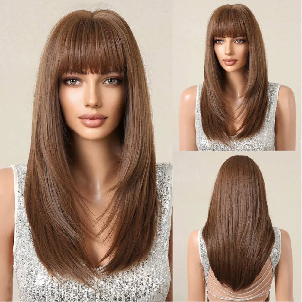 ALAN EATON Chestnut Brown Synthetic Wig with Bangs Long Straight Wig Natural Layered Hair Smooth Soft Daily Wig Heat Resistant