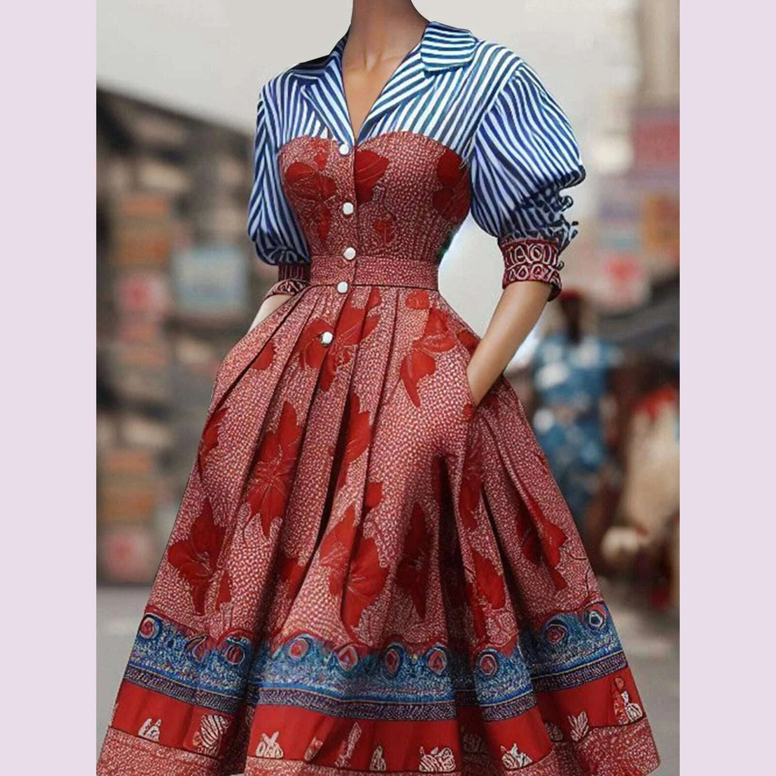 elegant-womens-dress-striped-floral-patchwork-turndown-collar-shirt-mid-length-waisted-evening-party-dress-womens-midi-dress-kimlud-kimlud-33922391