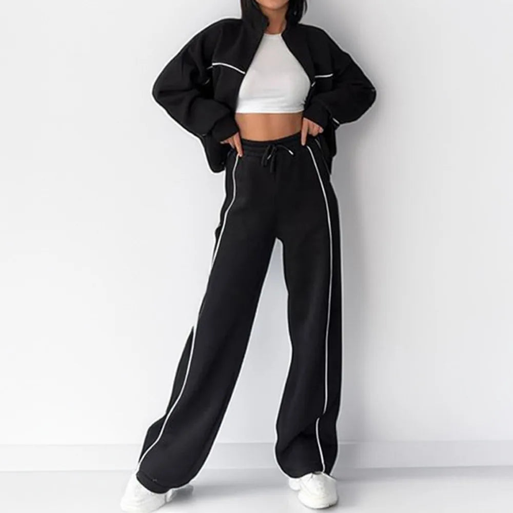 Polyester Tracksuit Set — Hooded Jacket With Pockets Two-Piece For Autumn Office Wear — Black | KIMLUD