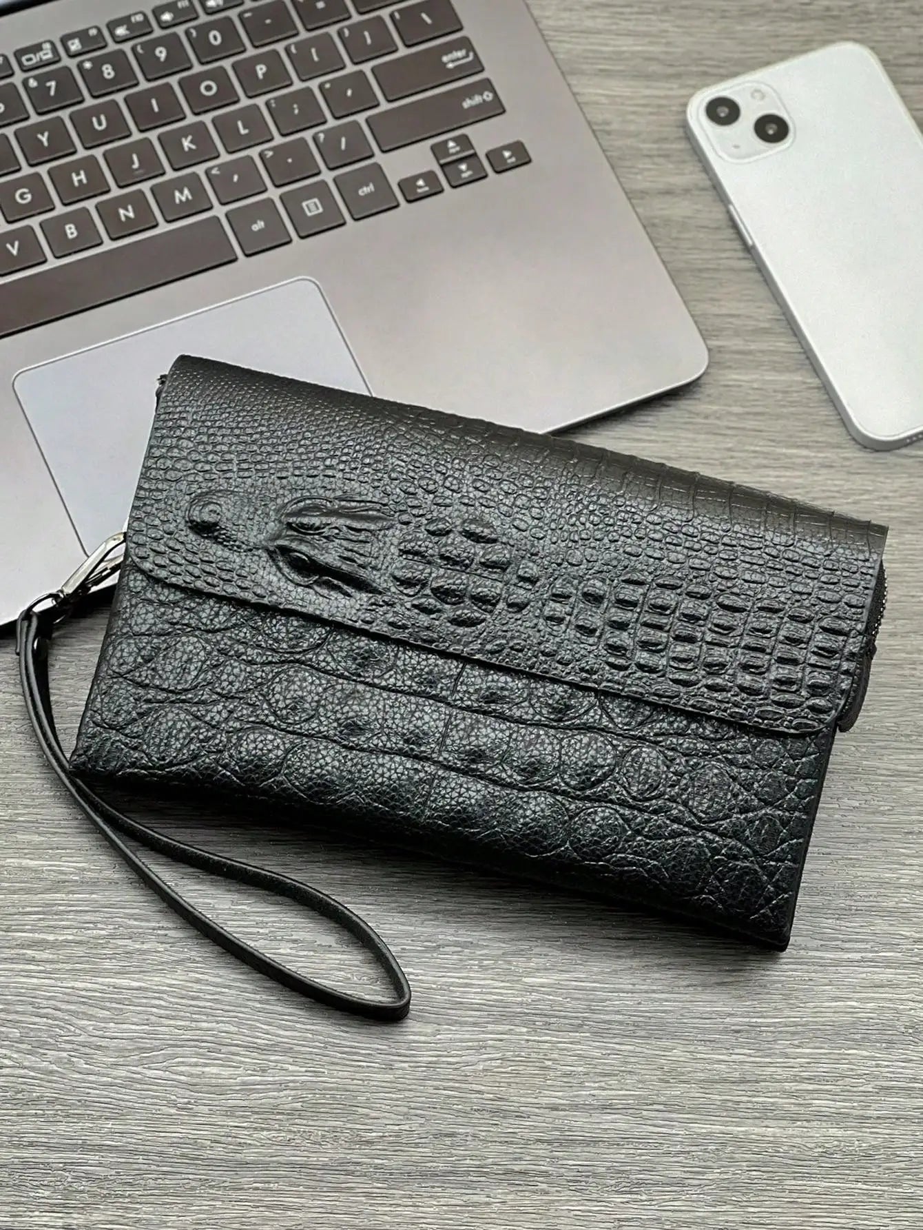 PU Clutch Bag Textured Crocodile Pattern — Black | KIMLUD