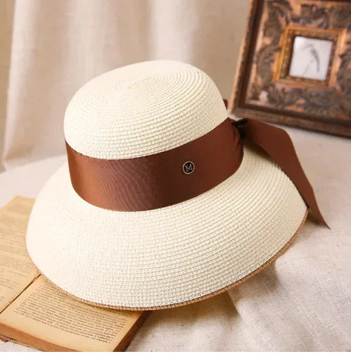 Straw Retro Bow Wide Brim Sun Hat — Natural | KIMLUD