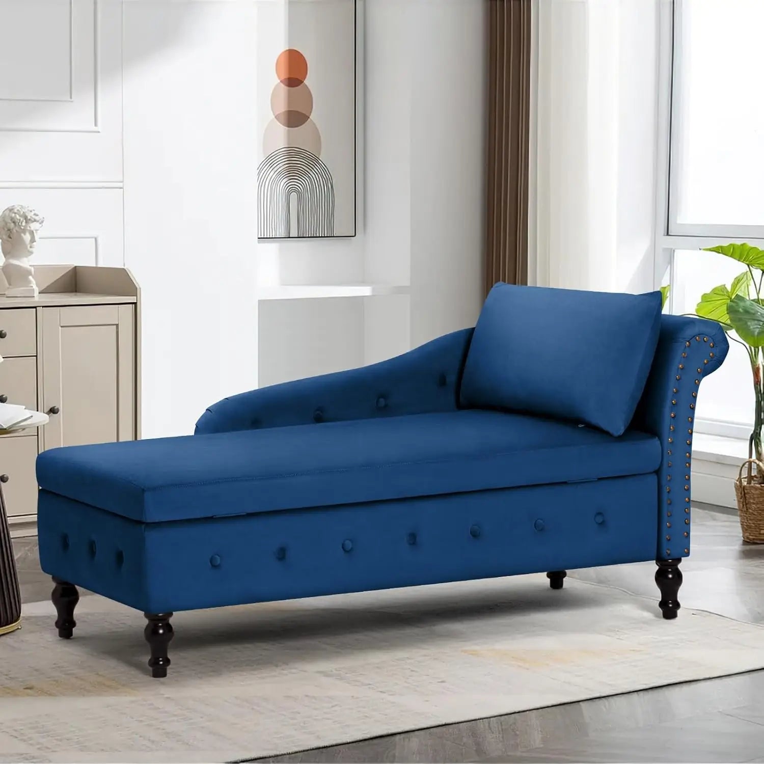 Velvet Chaise Lounge with Left Armrest & Storage Space,Button Tufted Lounge Chair w/Lumbar Pillow,Modern Upholstered Lounge Chai