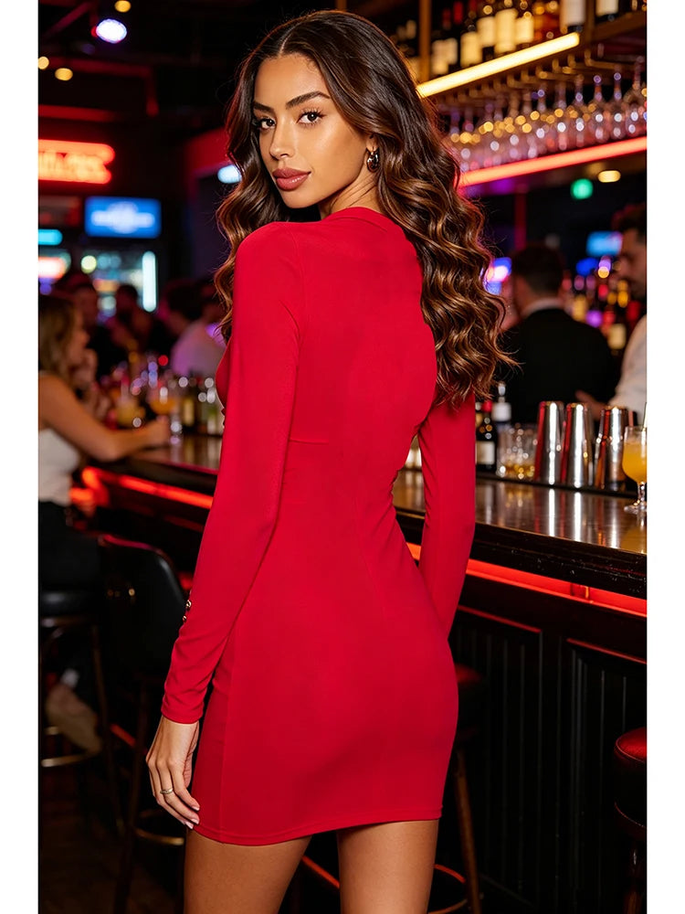 Mini Dress – Ruched Bodycon Silhouette – Red Polyester | KIMLUD