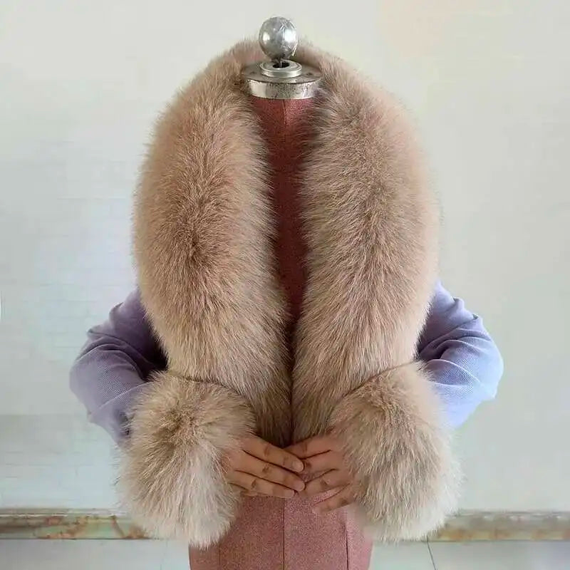 Real Fox Fur Collar Cuffs Set For Women Men Winter Neck Warmer Furry Scarf Fluffy Pelt Fur Shawl Coat Overcoat Fashion Accessory