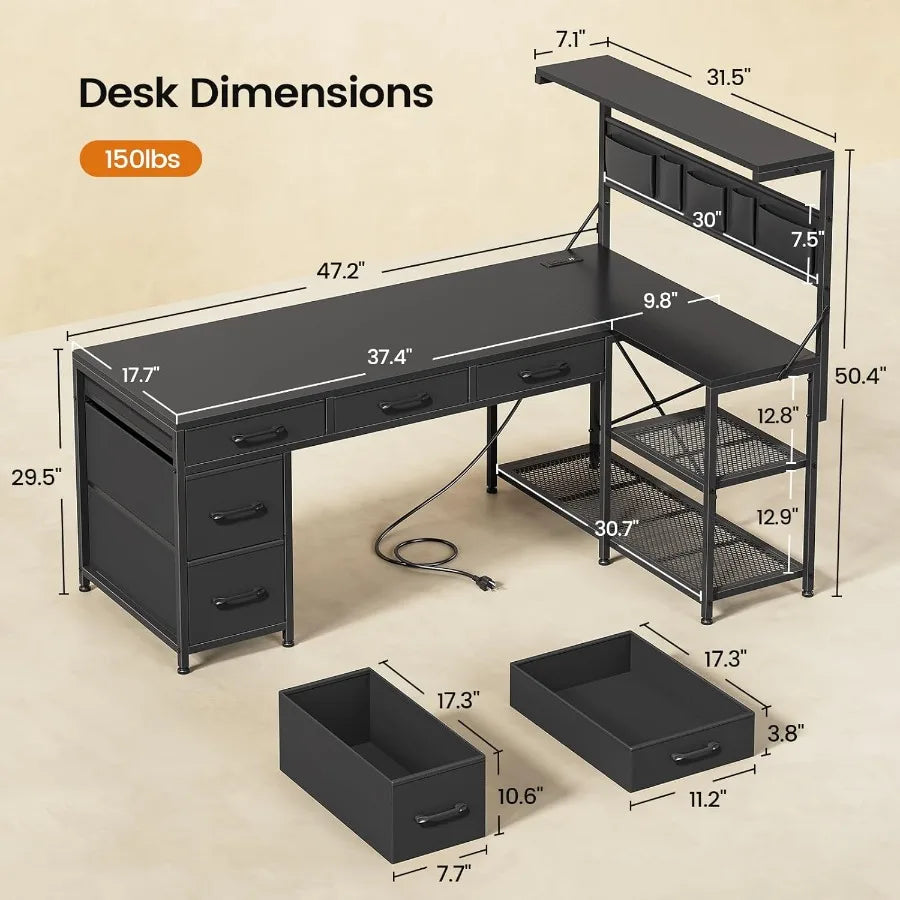 L-Shaped Desk With 5 Drawers And Reversible Storage Shelves — Charcoal Black | KIMLUD