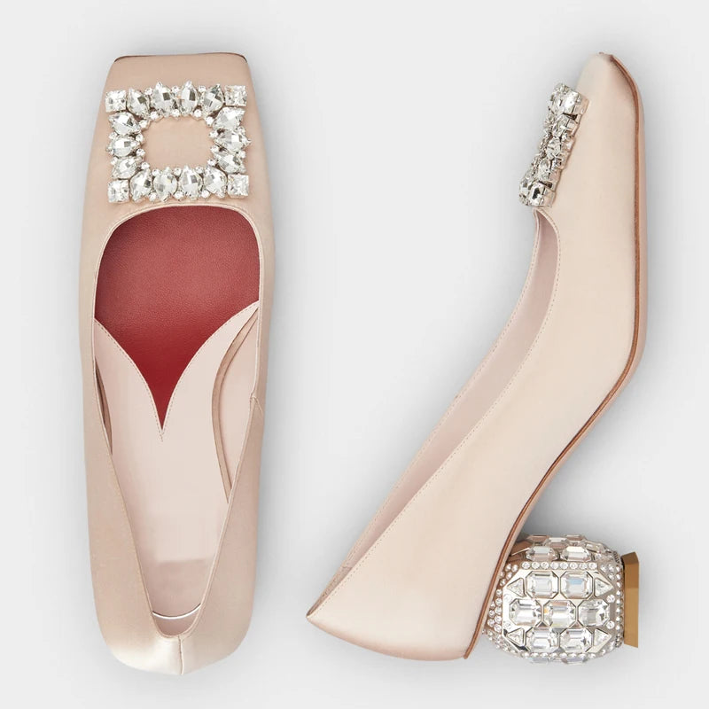 Satin Rhinestone High Heels Square Toe — Champagne | KIMLUD