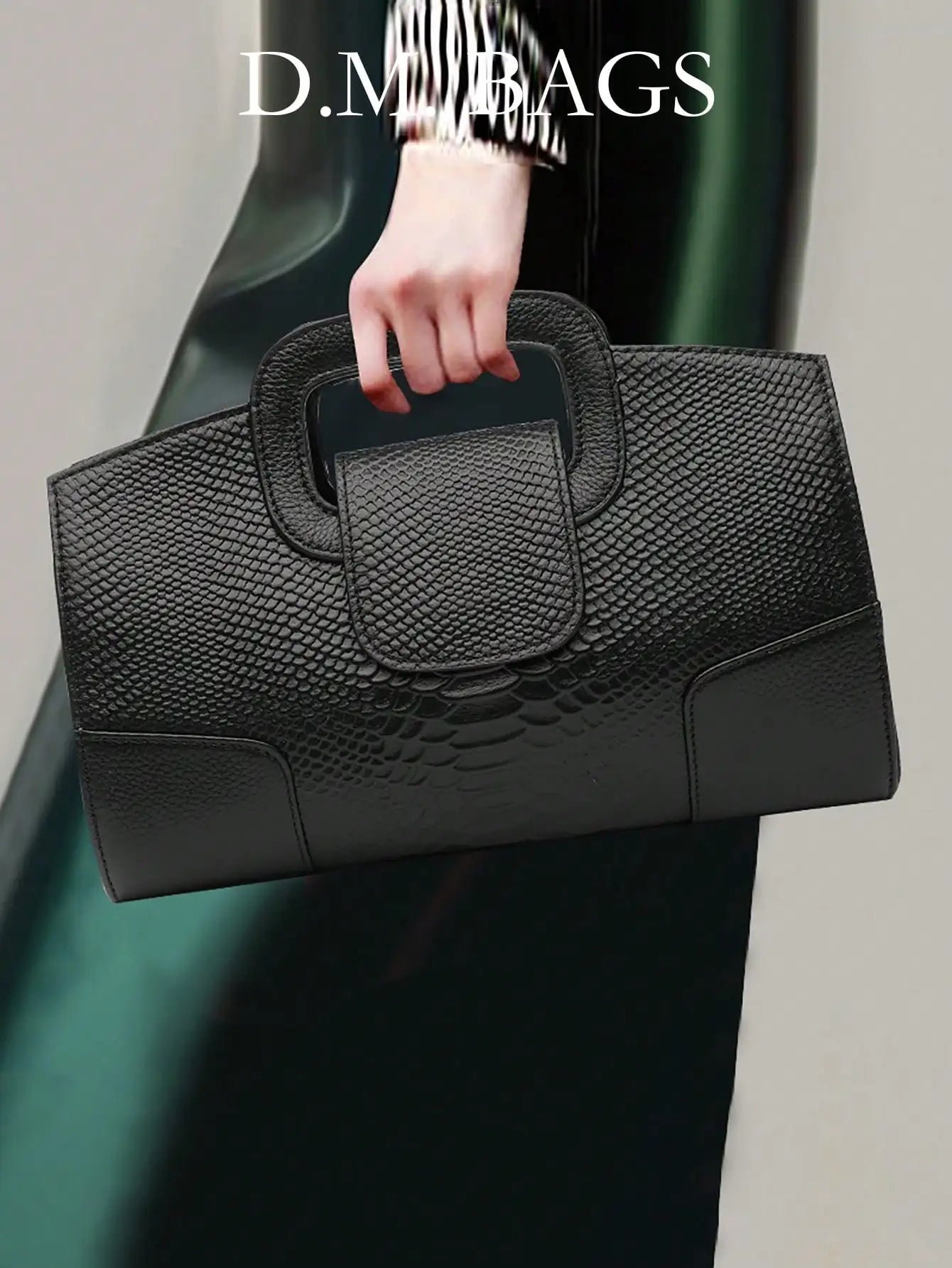 Black PU Croc-Texture Patchwork Clutch with Top Handle for Evening Events