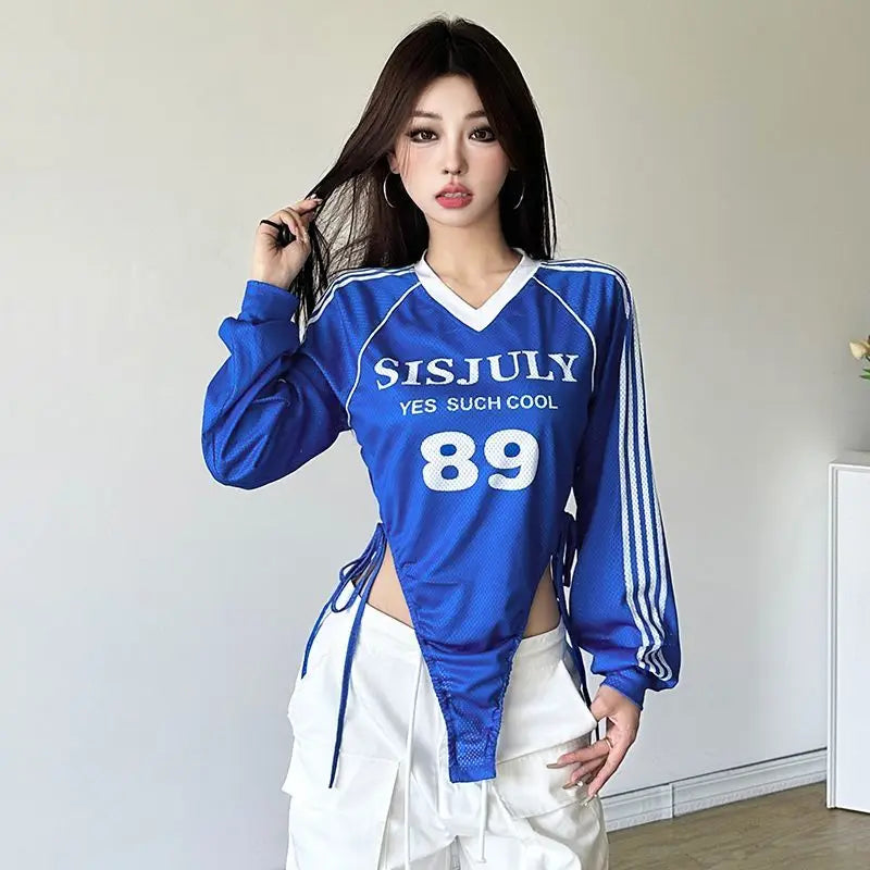 Y2k American Retro V-neck Long Sleeved Slim Fit Tops Stripe Bodysuit T-shirts Women Letter Printed Bodysuits Streetwear Jumpsuit