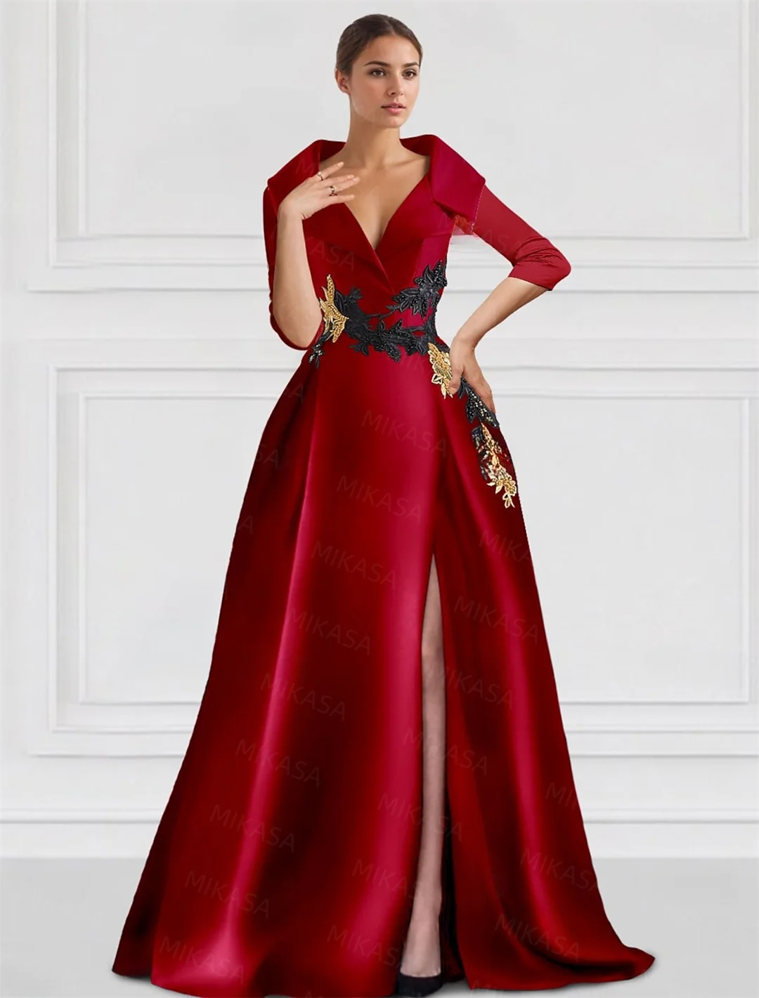 KIMLUD, Classic Satin Evening Dresses For Women Wedding Party Guest V-neck Three Quarter A-line Side Slit Elegant Prom vestidos de gala, KIMLUD Womens Clothes