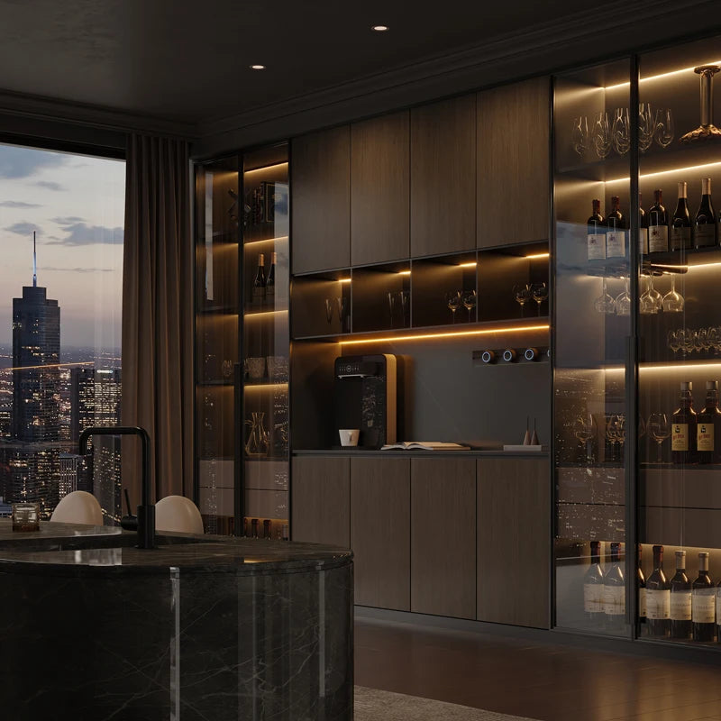 Minimalist Modern Storage Cabinet With Glass Panels — Espresso | KIMLUD