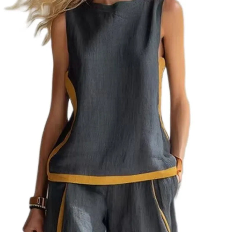 Women's 2-piece Set 2026 New Sleeveless Contrast Wide Leg Pants Suit Summer Casual Fashion Two-piece Trendy Style Women Clothing