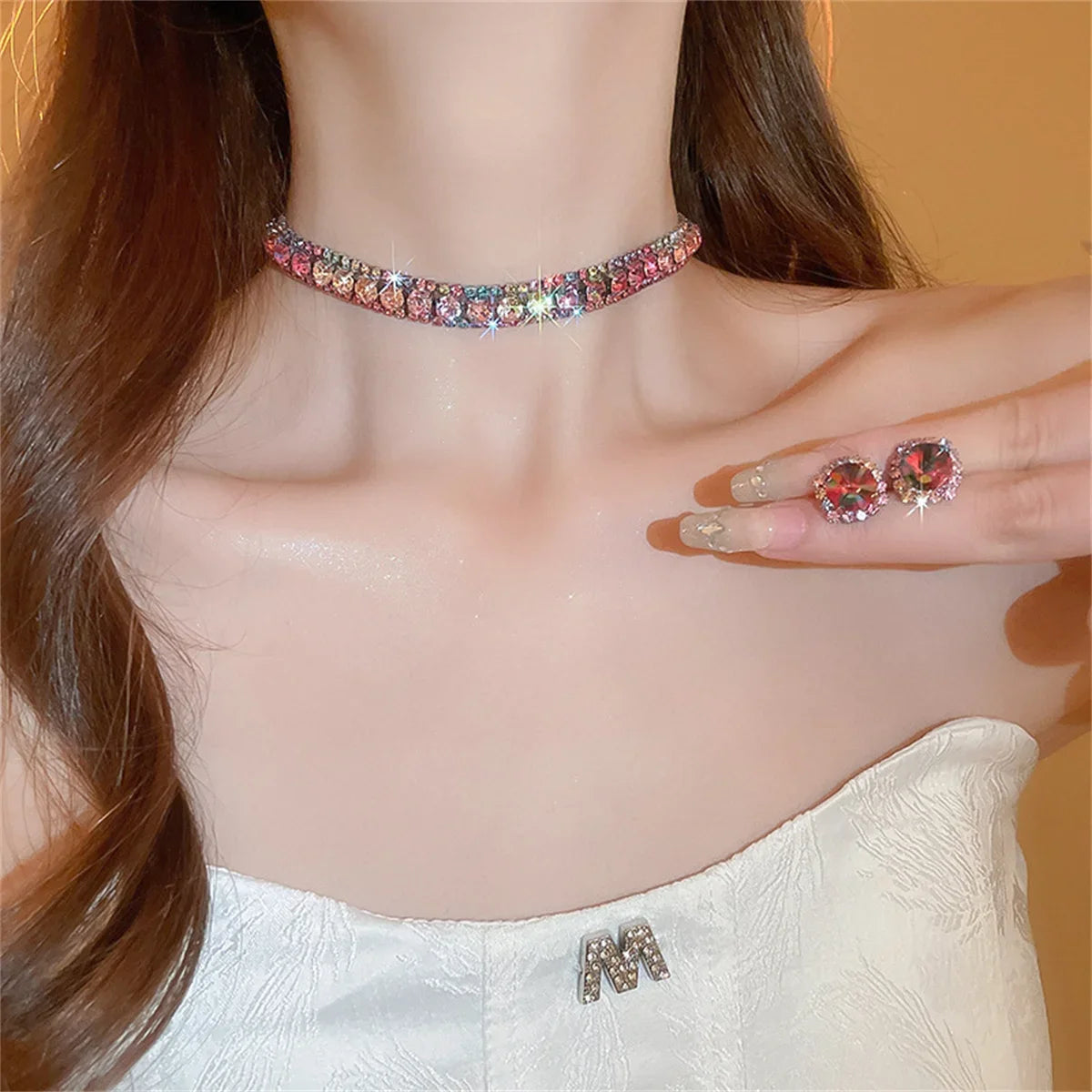 Luxury Crystal Necklace Earrings Set Pink ABcolourful Necklace for Women Weddings Party Jewelry Sets Accessories