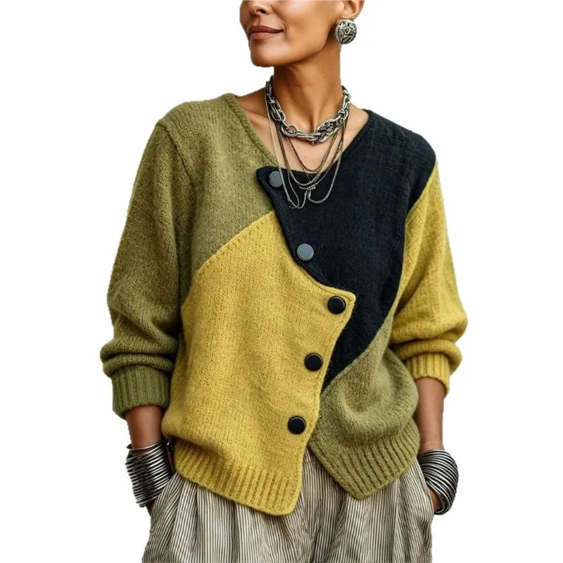 Patchwork Knit Cardigan – Asymmetric Button – Loose Long Sleeve | KIMLUD
