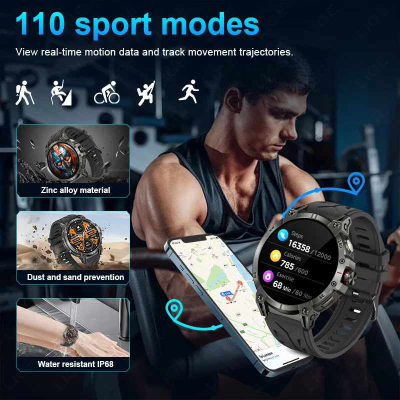 LIGE 760mAh Large Battery Outdoor Smart Watch Men 1.85 inch HD Screen GPS Compass Bluetooth Call IP68 Waterproof Smartwatch 2025