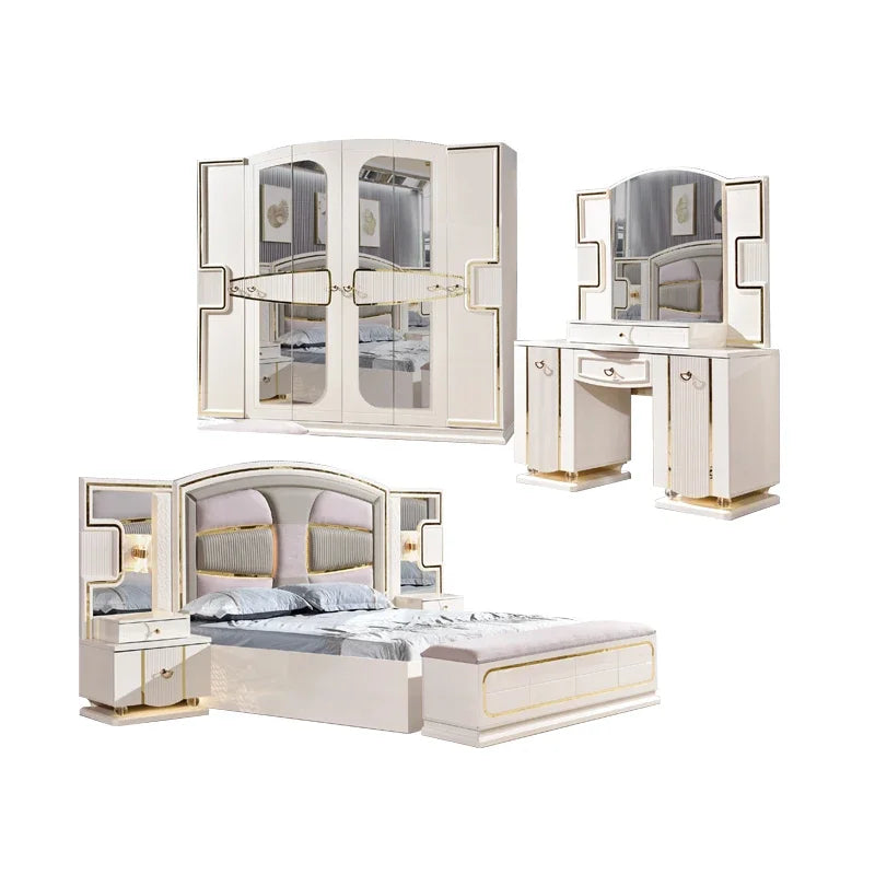 Leather King-Size Bed Set With Nightstands, Wardrobe, And Dressing Table — White | KIMLUD