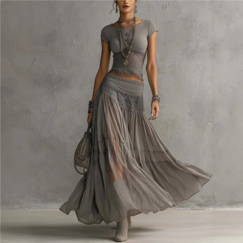 Lace-Spliced Maxi Two-Piece Set Slim-Fit Top And High-Waisted Skirt — Slate Gray | KIMLUD