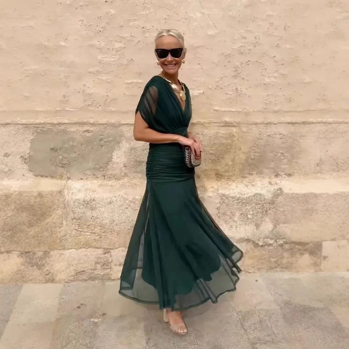 2025 New Fashion Printed Ruffle Dress Your Summer Casual Loose Bohemian Vacation V-neck Short-sleeved Long Dresses For Women