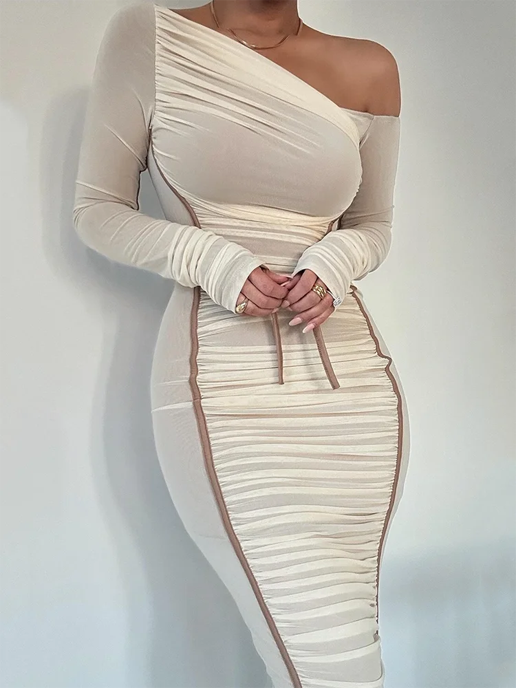 KIMLUD, Mozision Diagonal Collar Long Sleeve Midi Dress For Women Two Layer Mesh Backless Ruched Bodycon Club Party Sexy Long Dress, White / S, KIMLUD Womens Clothes