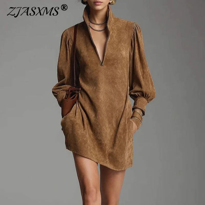 Fall Retro Solid Suede Mini Short Dresses Sexy Zipper Turtleneck Slim Pullover Dress Winter Lantern Sleeve Pockets Woman Clothes