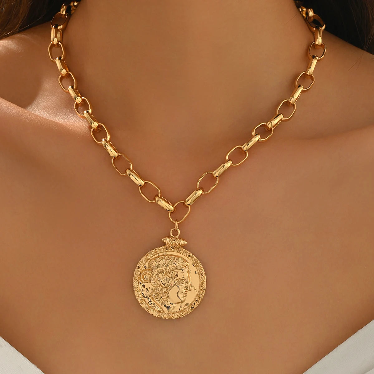 Gold Tone Coin Pendant Necklace - Gold Tone | KIMLUD