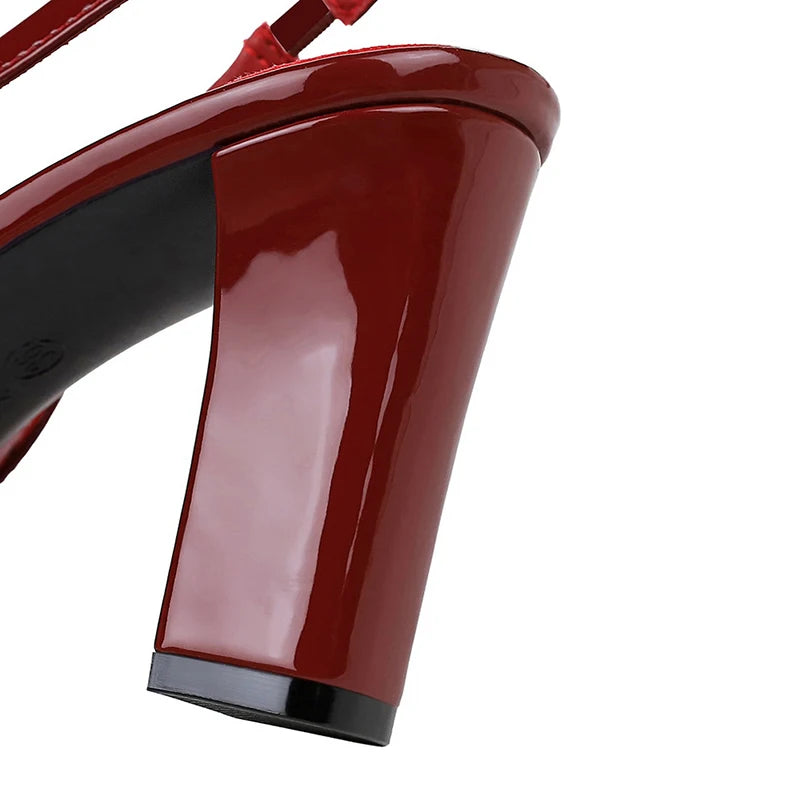 Patent Leather Block Heel Sandals — Wine Red | KIMLUD