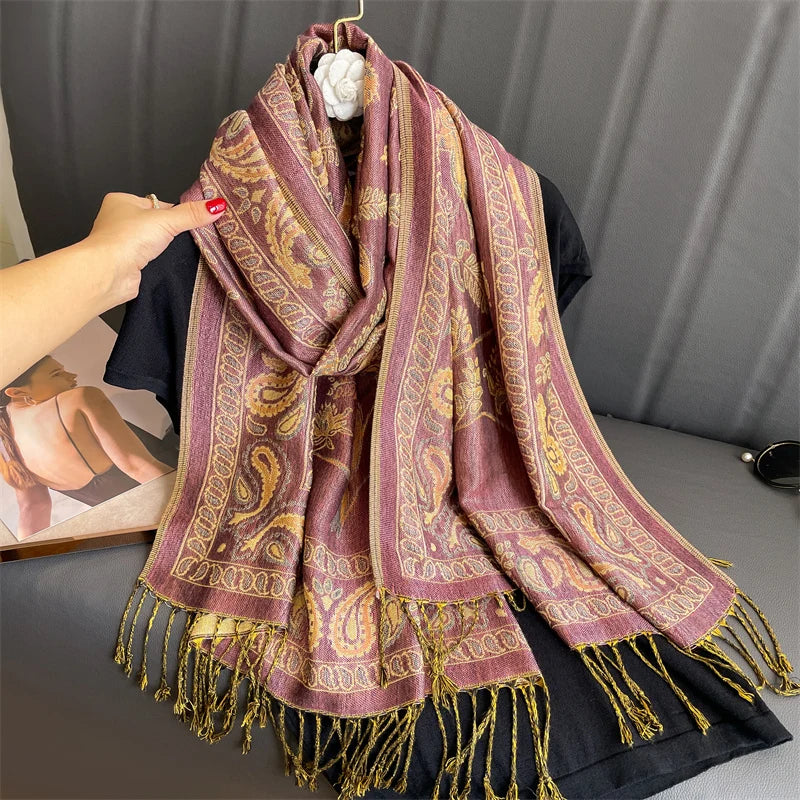 Cashmere Pashmina Shawl With Autumn Print Design, Olive Accents And Gold-Toned Fringe — Red | KIMLUD