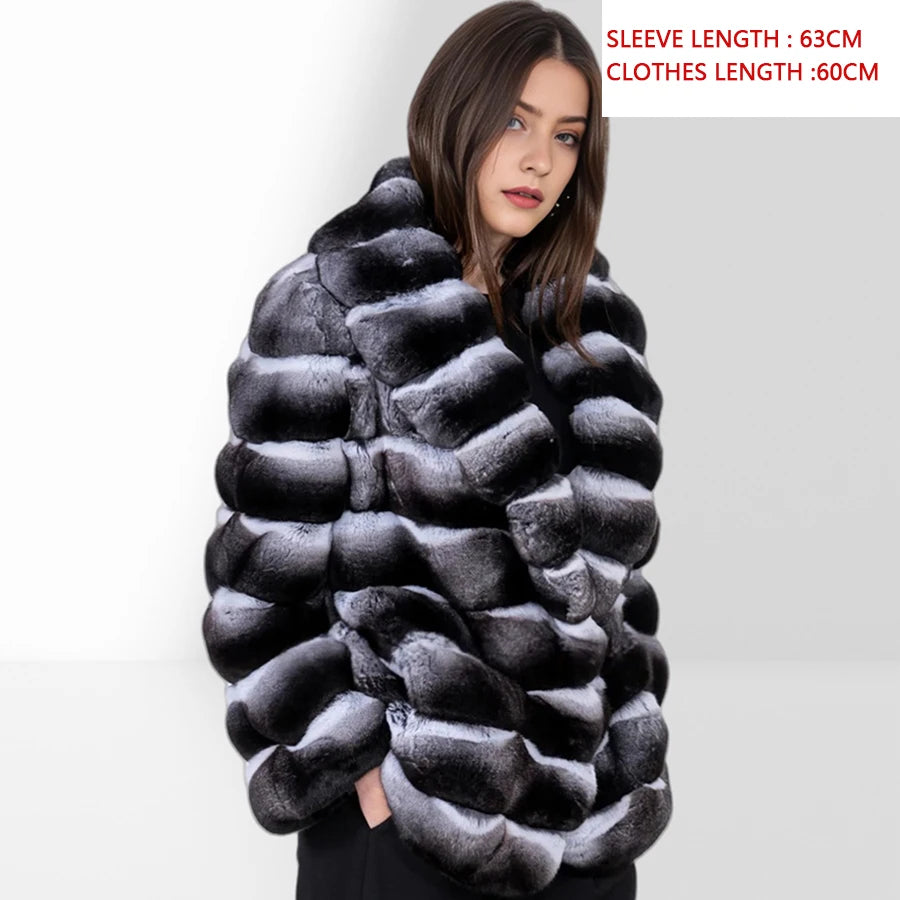 Women's Winter Jacket Real Rex Rabbit Fur Jacket With Hood Chinchilla Color Fur Coat High Quality Genuine Leather Jackets