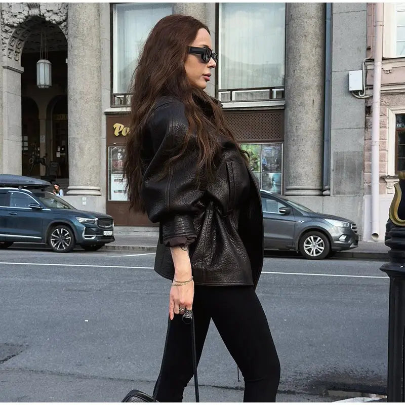 Chic Textured Leather Jacket Women Urban Lapel Drawstring Asymmetrical Loose Full Sleeve Jackets Female 2025 Edgy Lady Coats New