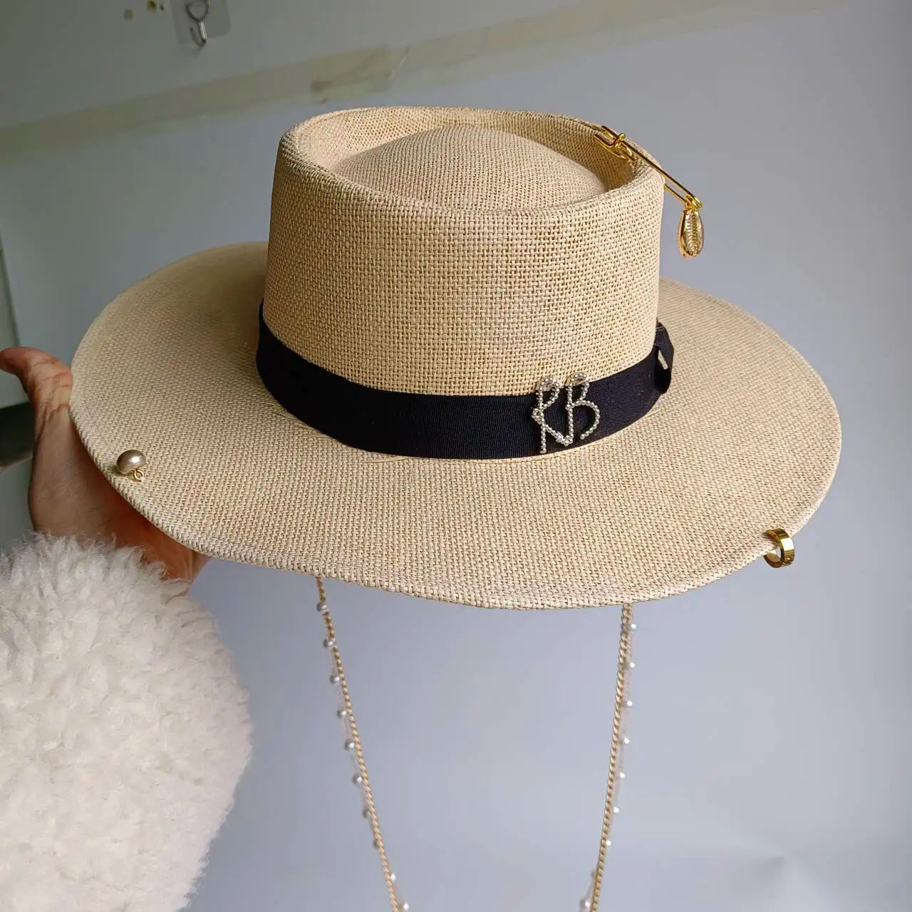 Chain Strap Straw Hat summer beach straw hat pearl Pork pie sun hat new  elastic ribbon hat 여름모자