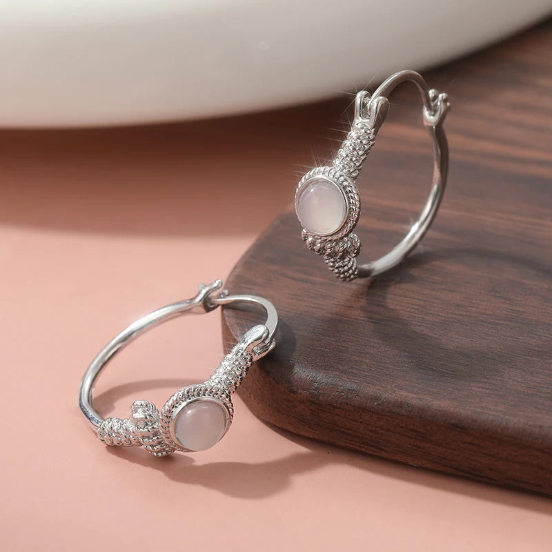 Bohemian Style Vintage Inlaid Synthetic Moonstone Hoop Earrings Women Elegant Silvery Plated Banquet Wedding Jewelry Accessories