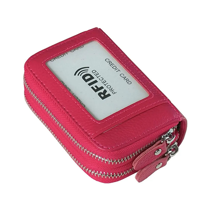 Genuine Leather Wallets RFID Blocking Double Zipper — Black | KIMLUD