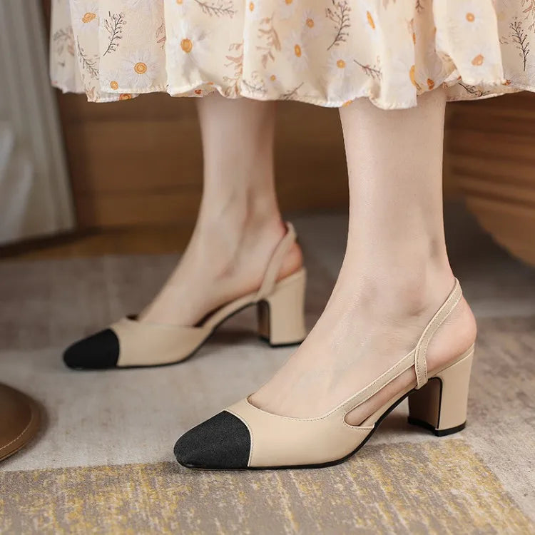 Big Size 45 Women Slingbacks Shoes High Heels Thick High Heel Leather Mixed Colors Pumps Ladies