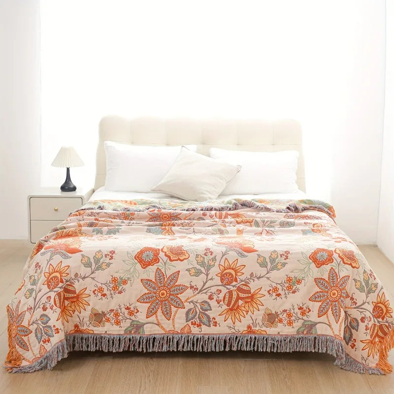 Pure Cotton 4 Layer Gauze Towel Blanket Floral Motif — Cream-Ivory | KIMLUD