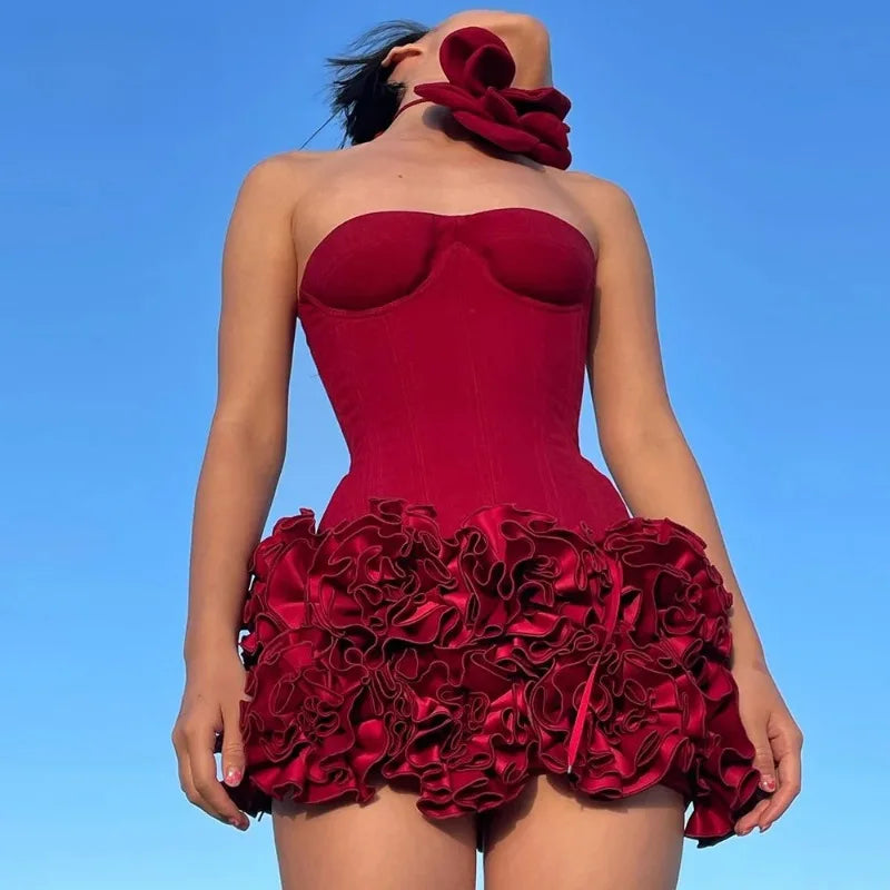 Bandage Mini Dress Strapless With Floral Lace Back — Crimson Red | KIMLUD