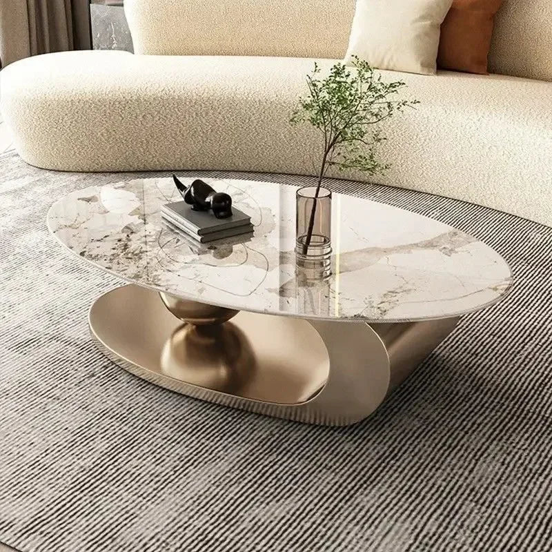 Slate Metal Coffee Table Italian Oval Form With Marble-Like Top — Ivory | KIMLUD