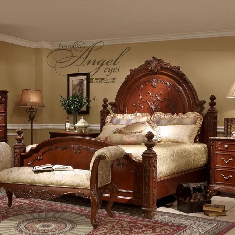 Solid Wood Carved Bed Antique French Style — Ivory | KIMLUD