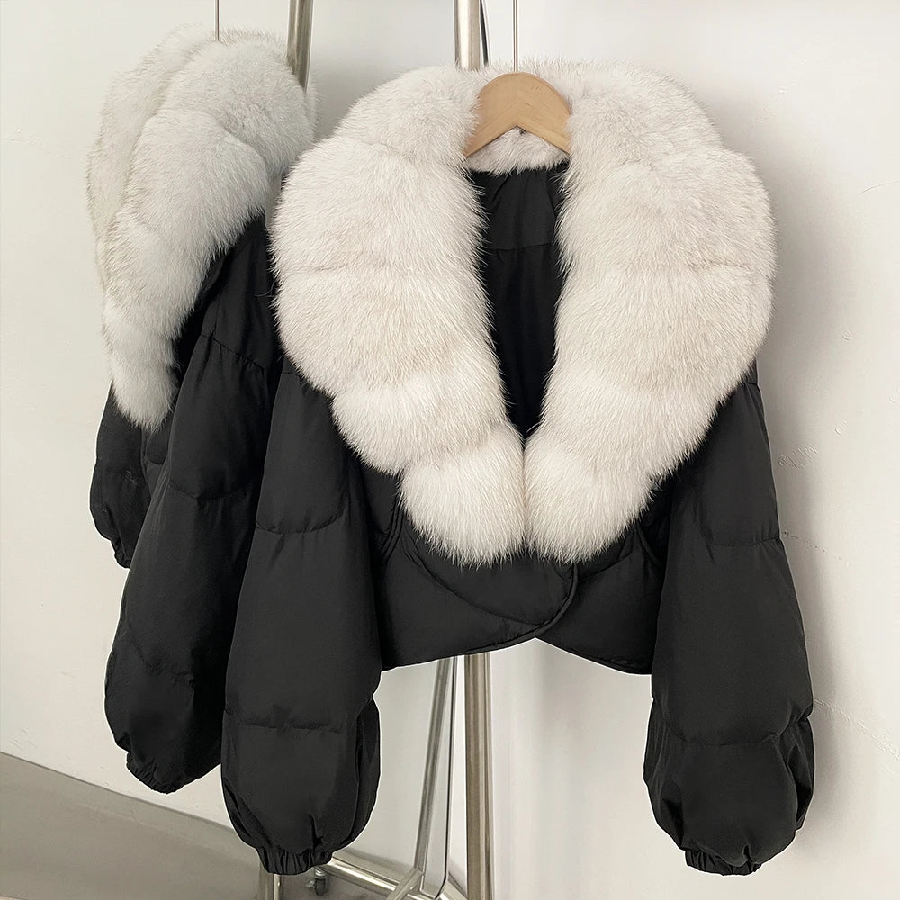 Down Coat – Real Fox Fur Trim – Duck Down – Natural | KIMLUD
