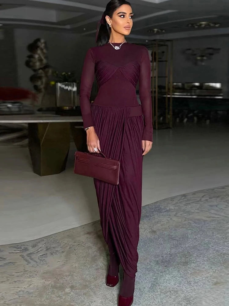 Mesh Patchwork Ruched Slit-Hem Dress — Burgundy | KIMLUD