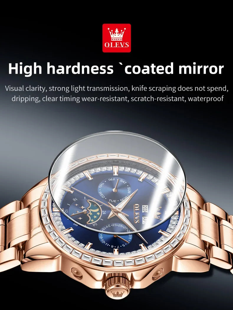 OLEVS 6695 NEW Men's Watches Full Multifunctional Dial Blue Leather Strap Calendar Week Moon Phase Waterproof Wristwatch