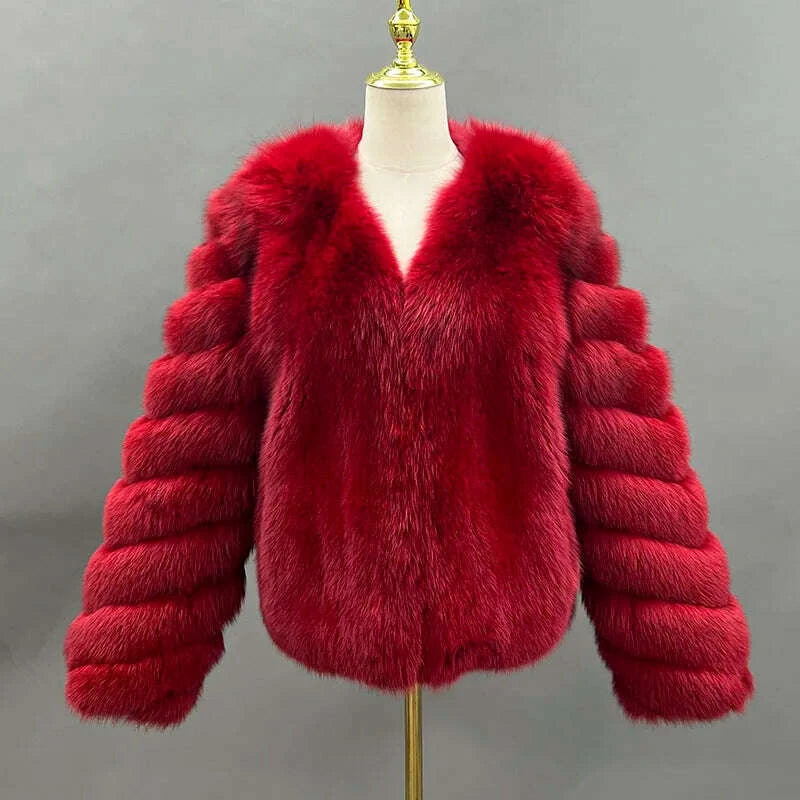 KIMLUD, JANEFUR 2024 Thick Warm Real Fox Fur Coat Fashion Female V-neck Fox Fur Collar Coats Elegant luxury Lady Fur Outwear, KIMLUD Womens Clothes