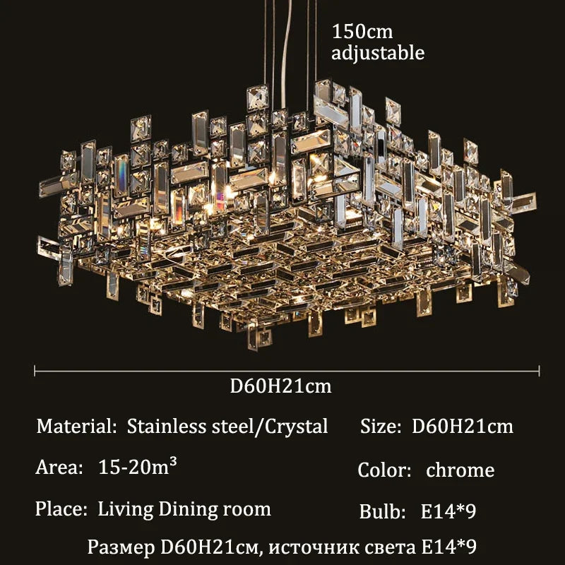 Postmodern light luxury square chrome crystal LED pendant light for living room dining room indoor home decoration E14 fixtures