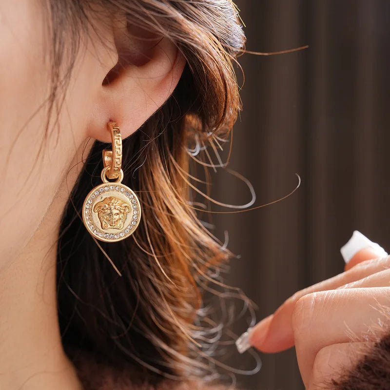 Resin Zinc Alloy Medusa Round Pendant Earrings — Gold | KIMLUD