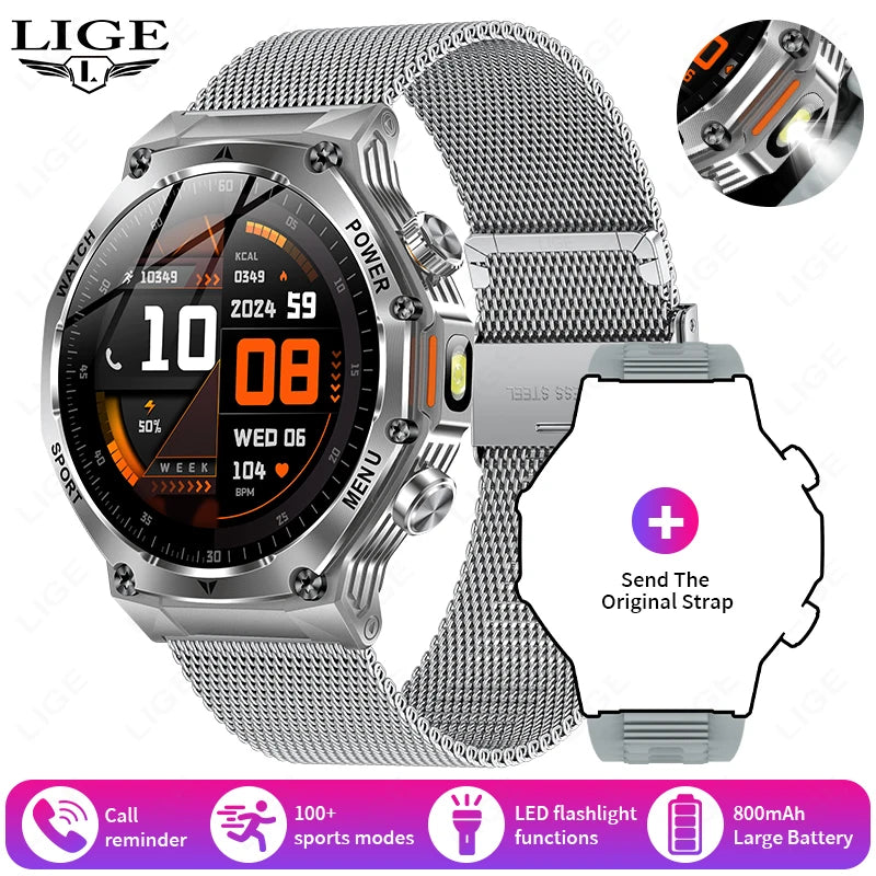 KIMLUD, LIGE New Smart Watch Men 800mAh Ultra Long Battery Life Waterproof Outdoor Sport Watches Bluetooth Call Military Smartwatch 2025, silver Mesh / smart health watch, KIMLUD APPAREL - Womens Clothes