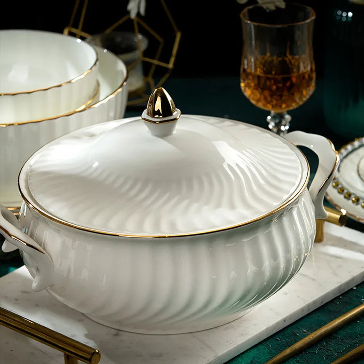 Bone China Dinnerware Set With Gold Accents — White | KIMLUD