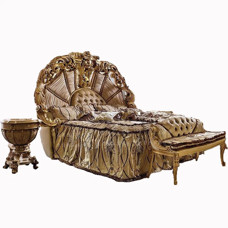 European Luxury Bed Carved Court Headboard Queen — Ivory | KIMLUD